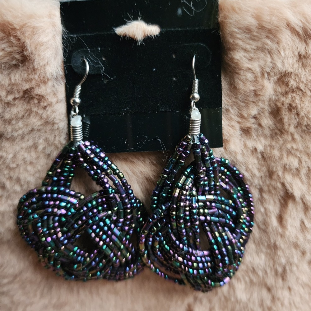 Beaded Earrings Black Seed Bead Swirl Dangle Statement Boho Modern Chic
